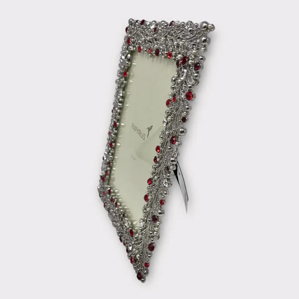 Papyrus NWT Photo Frame 5x7 Silver and Fuchsia Red White & Faux Pearl Gemstone